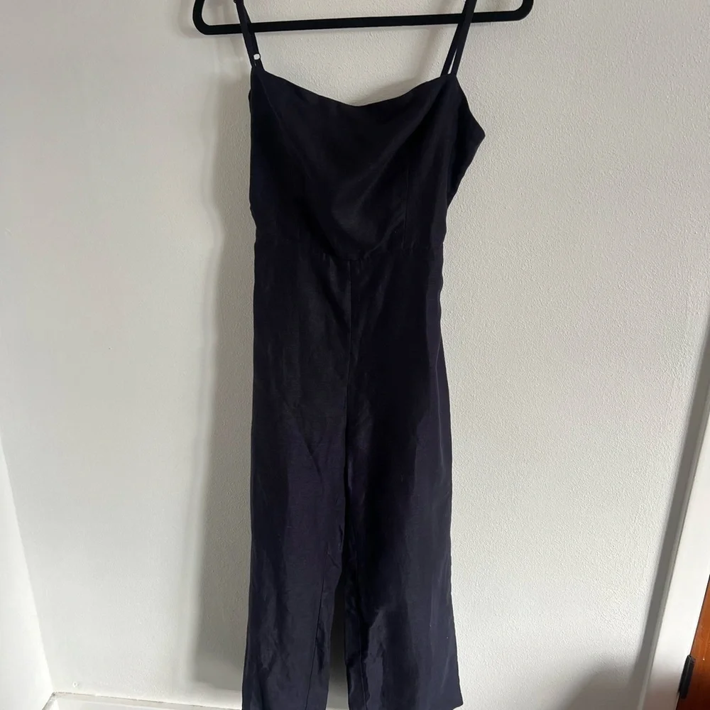 Reformation Navy Linen Jumpsuit Open Tie Back, size 6